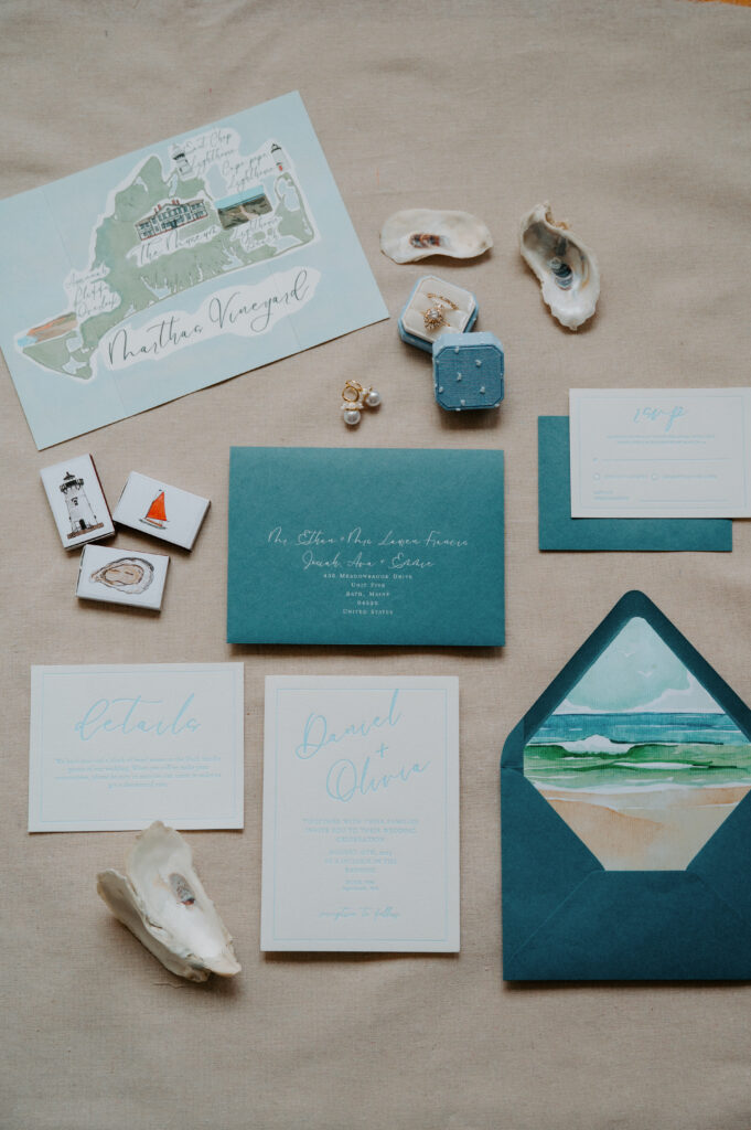 Martha's Vineyard inspired flat lay details for wedding